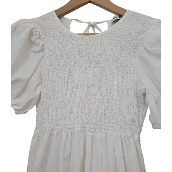 UO EN SAISON MARA White Midi Tiered Smocked Puff Sleeve Dress Women's Sz M - Picture 5 of 11